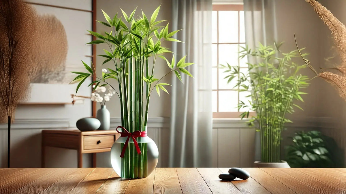Arreglo decorativo de bambú en un jarrón con cinta roja, creando un ambiente armonioso y elegante en un hogar, destacando los increíbles beneficios del bambú en tu vida.