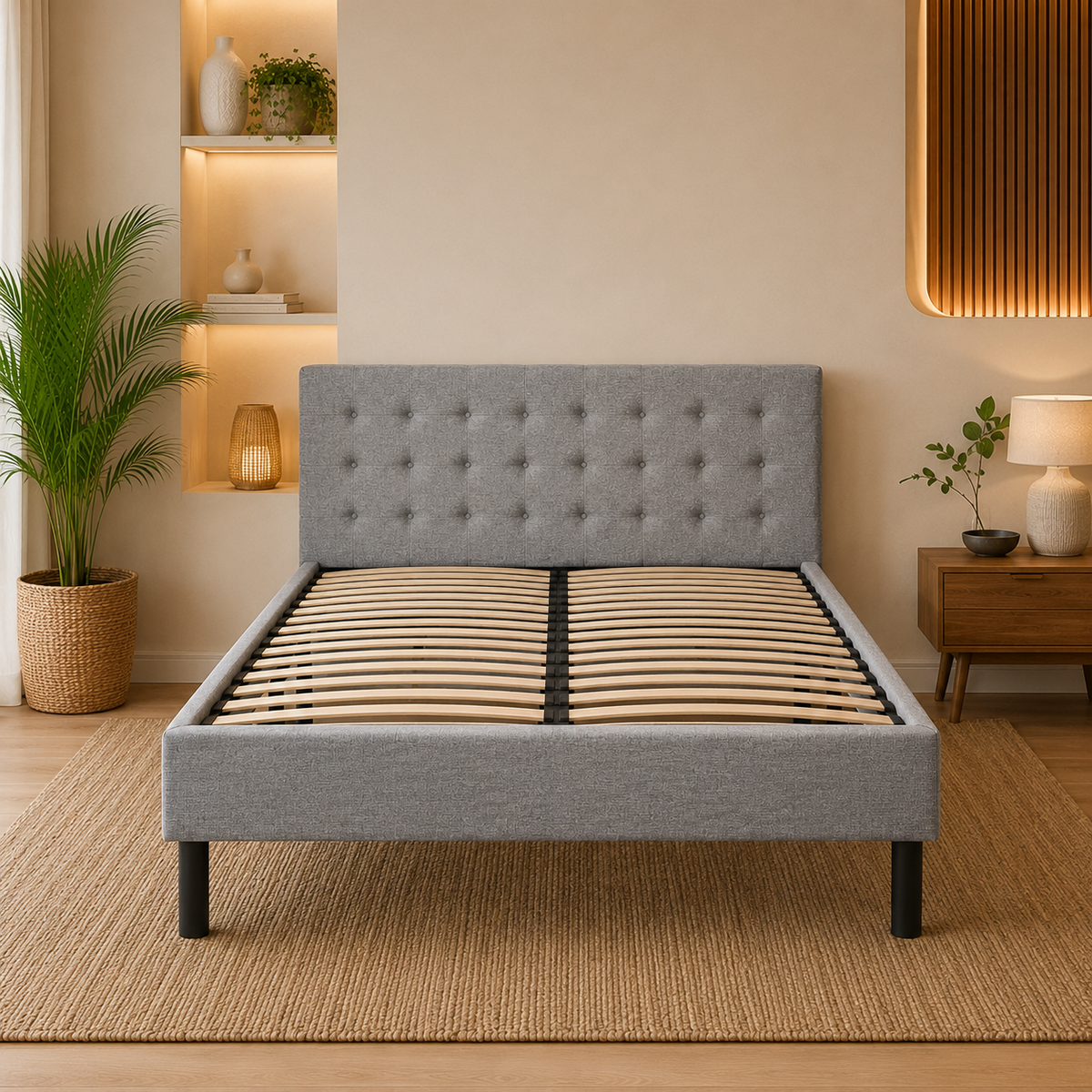 Base de cama con cabecera gris de PANDI, vista lateral del tapizado y la cabecera acolchada
