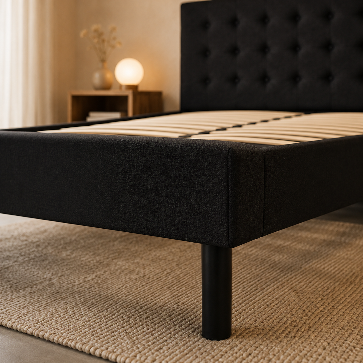 Base de cama con cabecera negra de PANDI en ambiente de dormitorio, diseño elegante y moderno