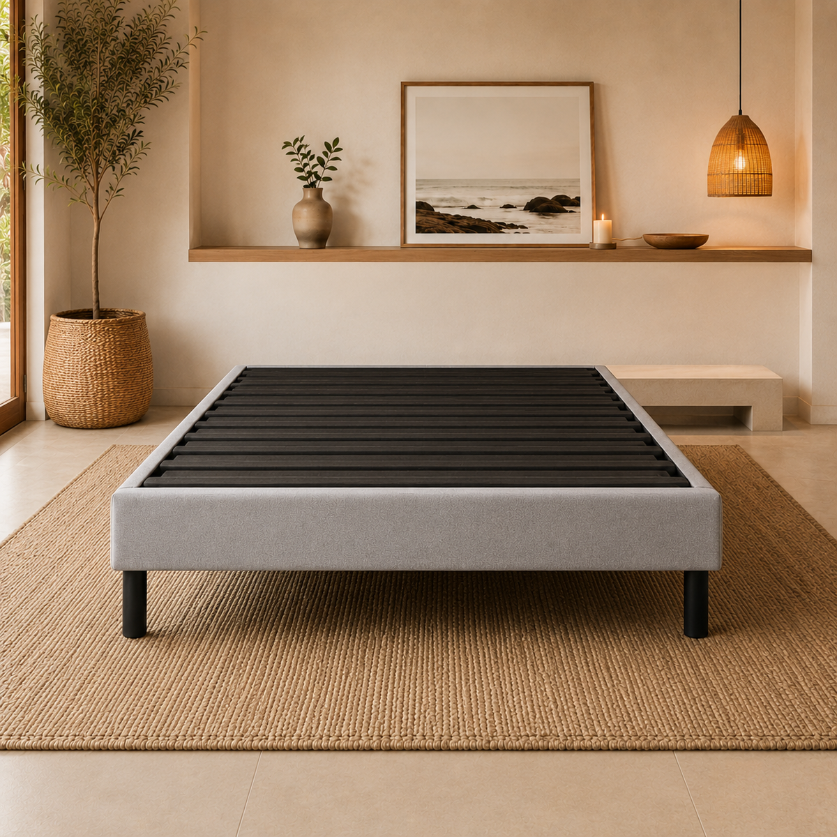 Base de cama gris de PANDI — estructura moderna para colchón, tapizado premium, disponible en Costa Rica