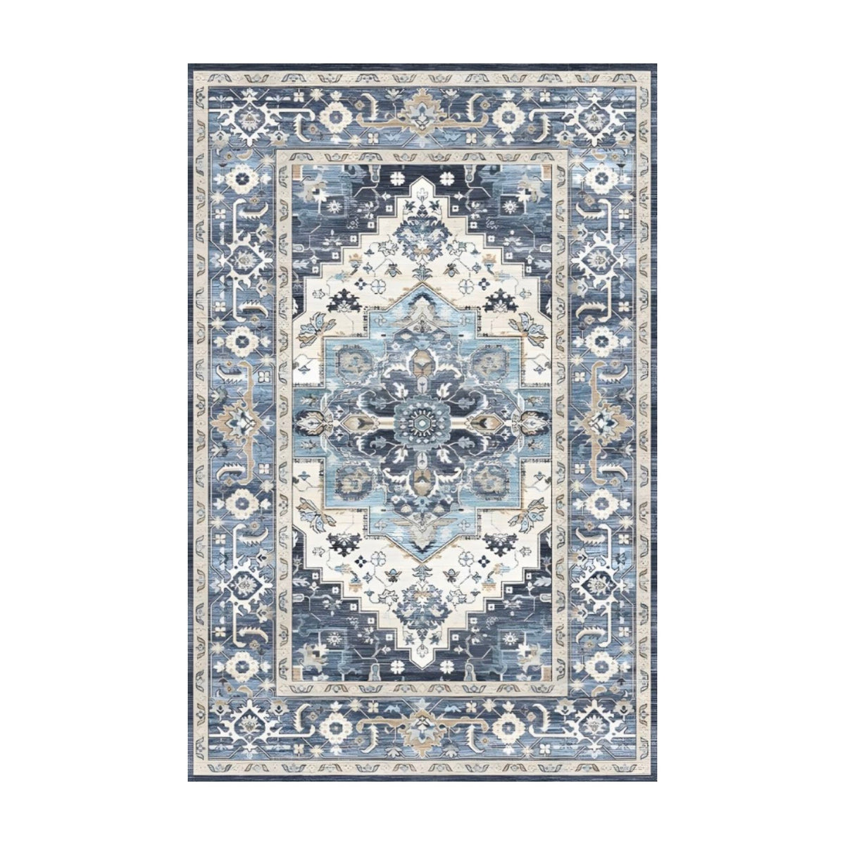 Alfombra vintage lavable Azul Índigo PANDI, vista completa superior sobre fondo blanco