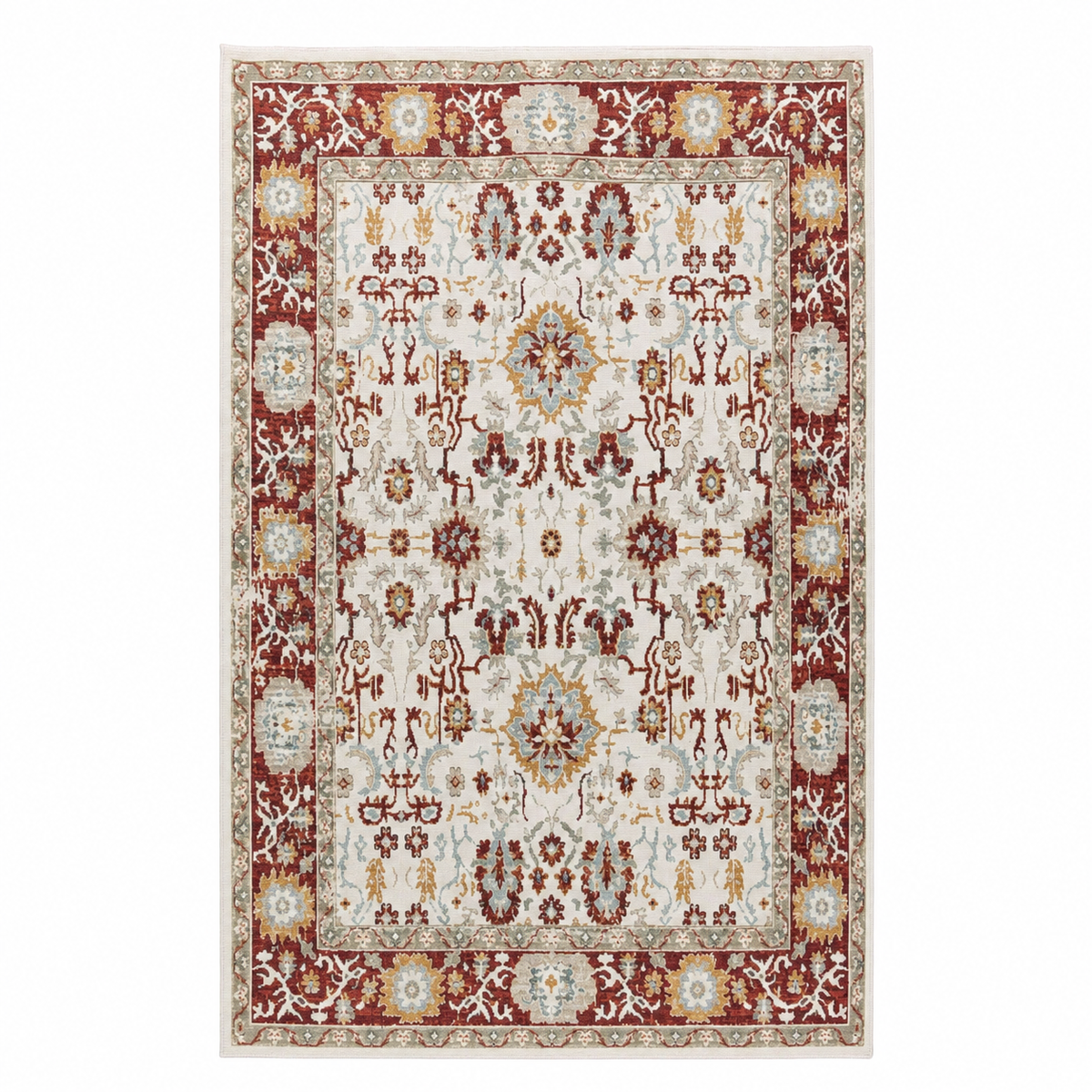 Alfombra vintage lavable óxido cobre PANDI vista completa desde arriba, con medallón floral en cobre y ocre sobre fondo marfil