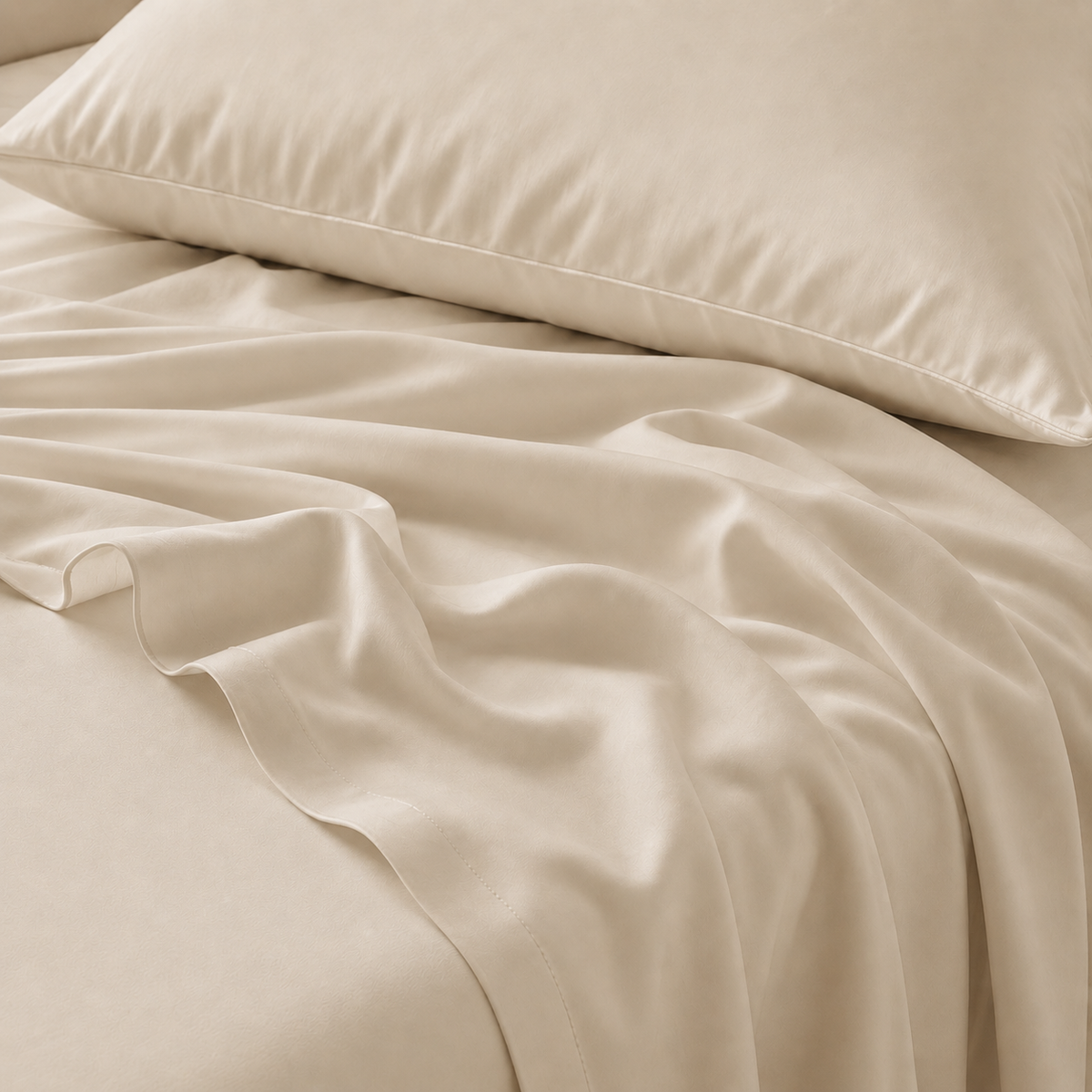 Juego de sábanas 100% bambú PANDI color beige sobre la cama
