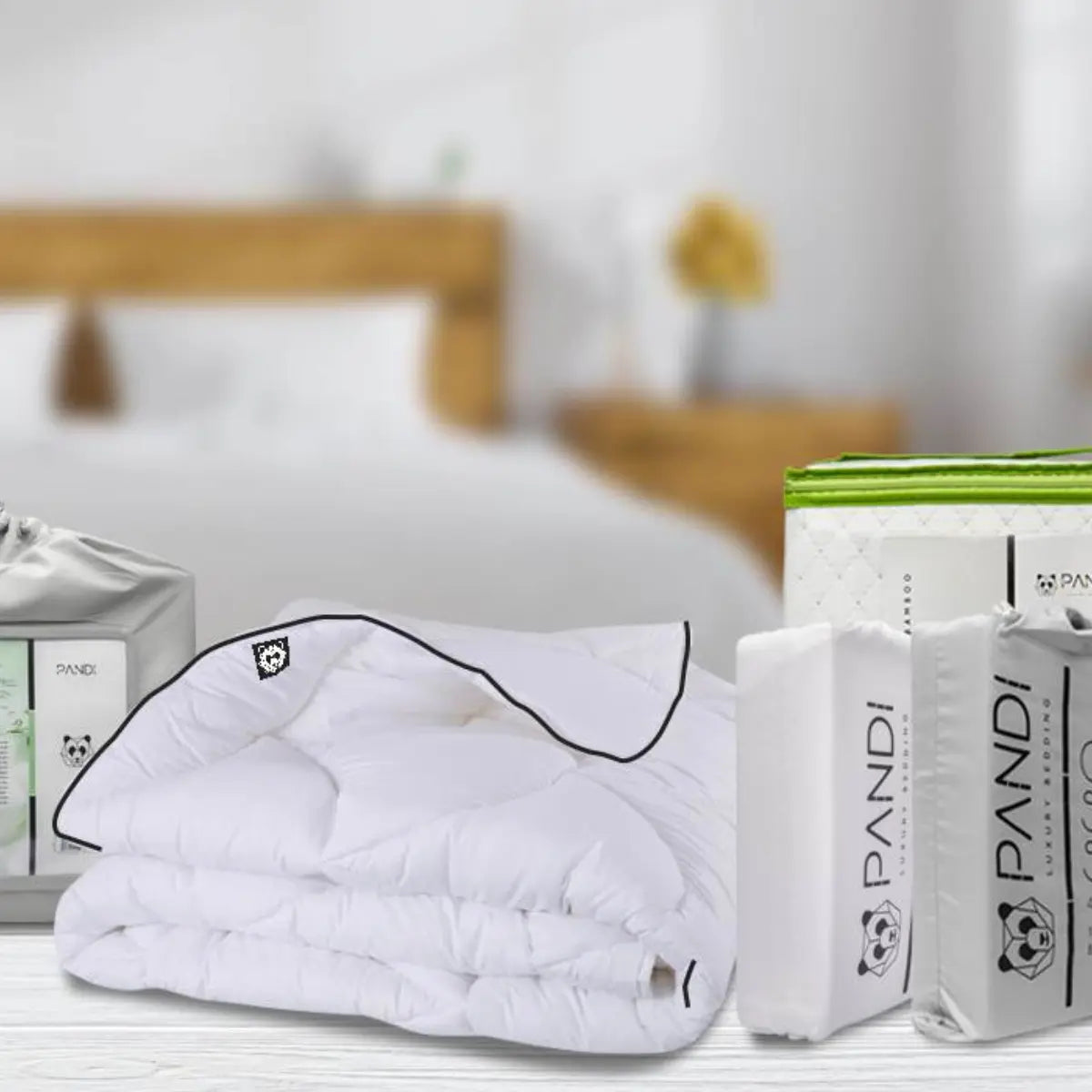 Ropa de cama sostenible de Pandi Luxury Bedding en Costa Rica, incluyendo edredones, sábanas y almohadas de lujo, que resaltan la elegancia y confort en un ambiente acogedor.