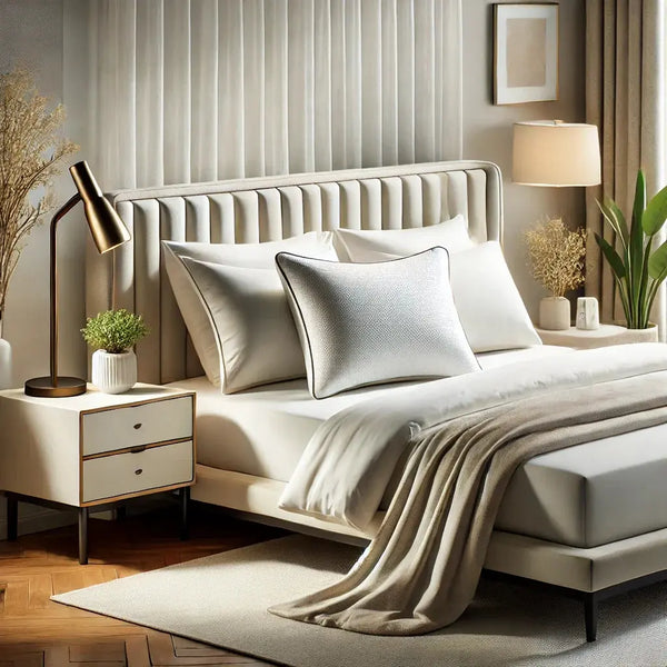 Elegante dormitorio moderno con almohadas suaves y decorativas para un descanso óptimo en Costa Rica. Las mejores almohadas en Costa Rica para dormir como un rey.