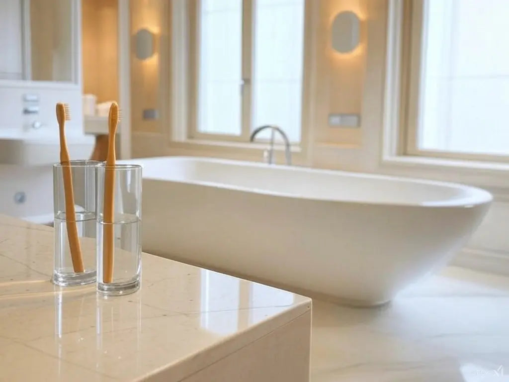 Imagen de cepillos de dientes de bambú ecológico en vasos transparentes, resaltando los beneficios del cepillo de dientes de bambú ecológico en un baño moderno.