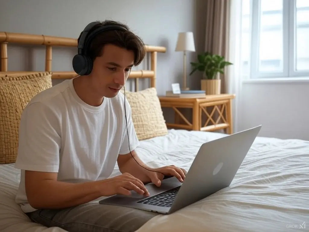 Joven concentrado trabajando en su computadora portátil en una cama, rodeado de un ambiente propicio para el sueño, ilustrando cómo proteger a tu familia de los peligros de los ácaros.