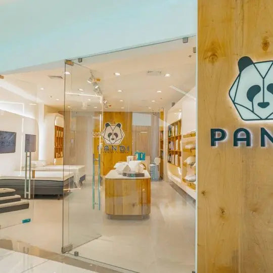 Vista de la tienda Pandi en Costa Rica, destacando la innovadora colección Pandi 2025, que incluye productos de lujo para el descanso como colchones y almohadas.
