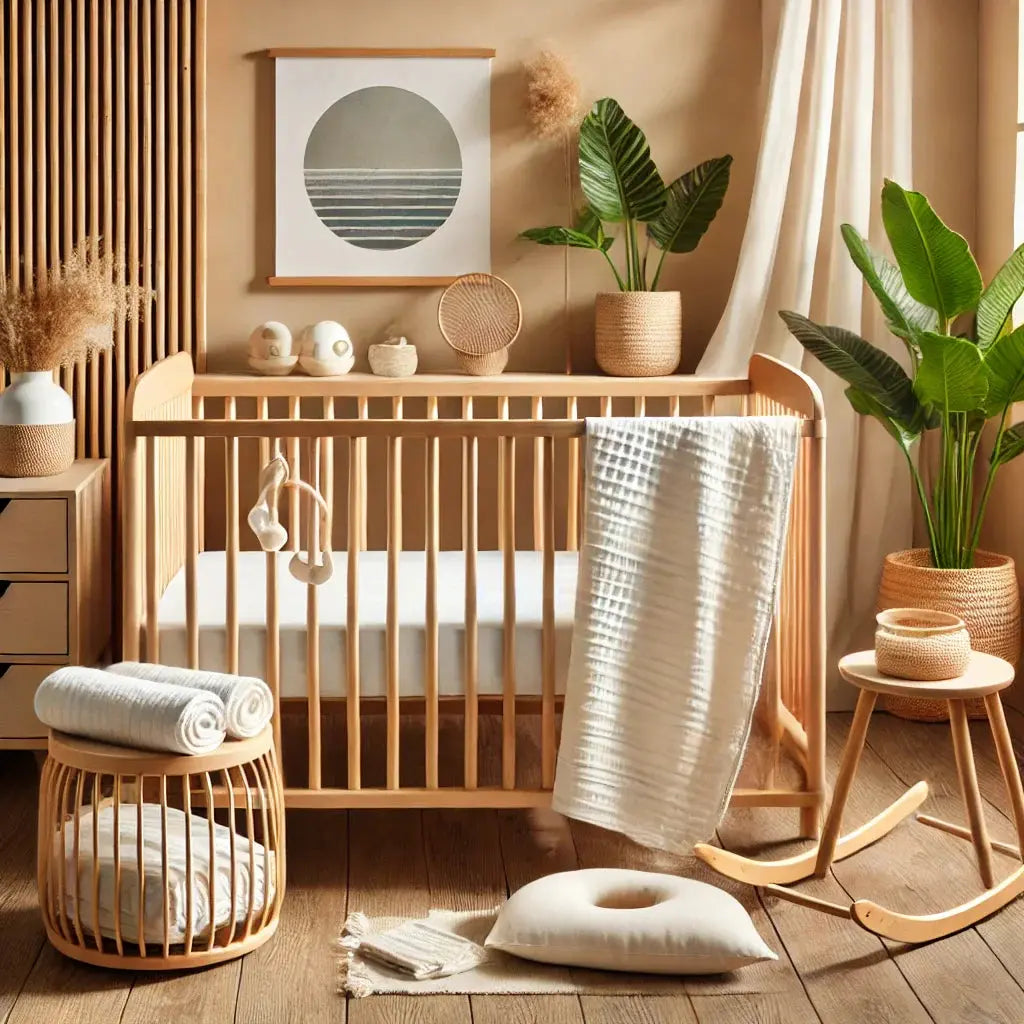 Decoración acogedora de una habitación de bebé con cunas y textiles de bambú, destacando los beneficios de las fibras de bambú para tu bebé.