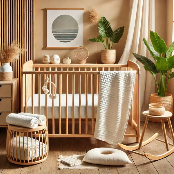 Decoración acogedora de una habitación de bebé con cunas y textiles de bambú, destacando los beneficios de las fibras de bambú para tu bebé.