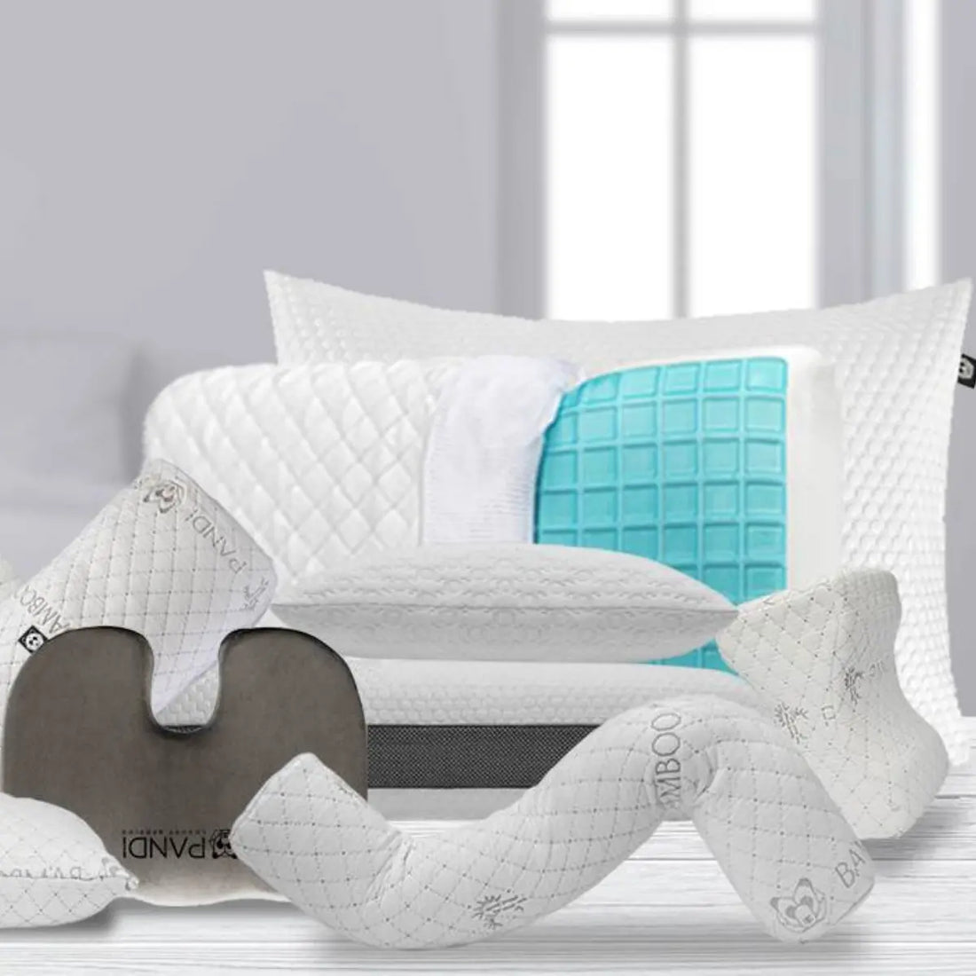 Almohadas de lactancia de Pandi Luxury Bedding, ideales para transformar tu lactancia. Muestra varios diseños que combinan suavidad y soporte ergonómico, perfectos para el confort de madre e hijo.