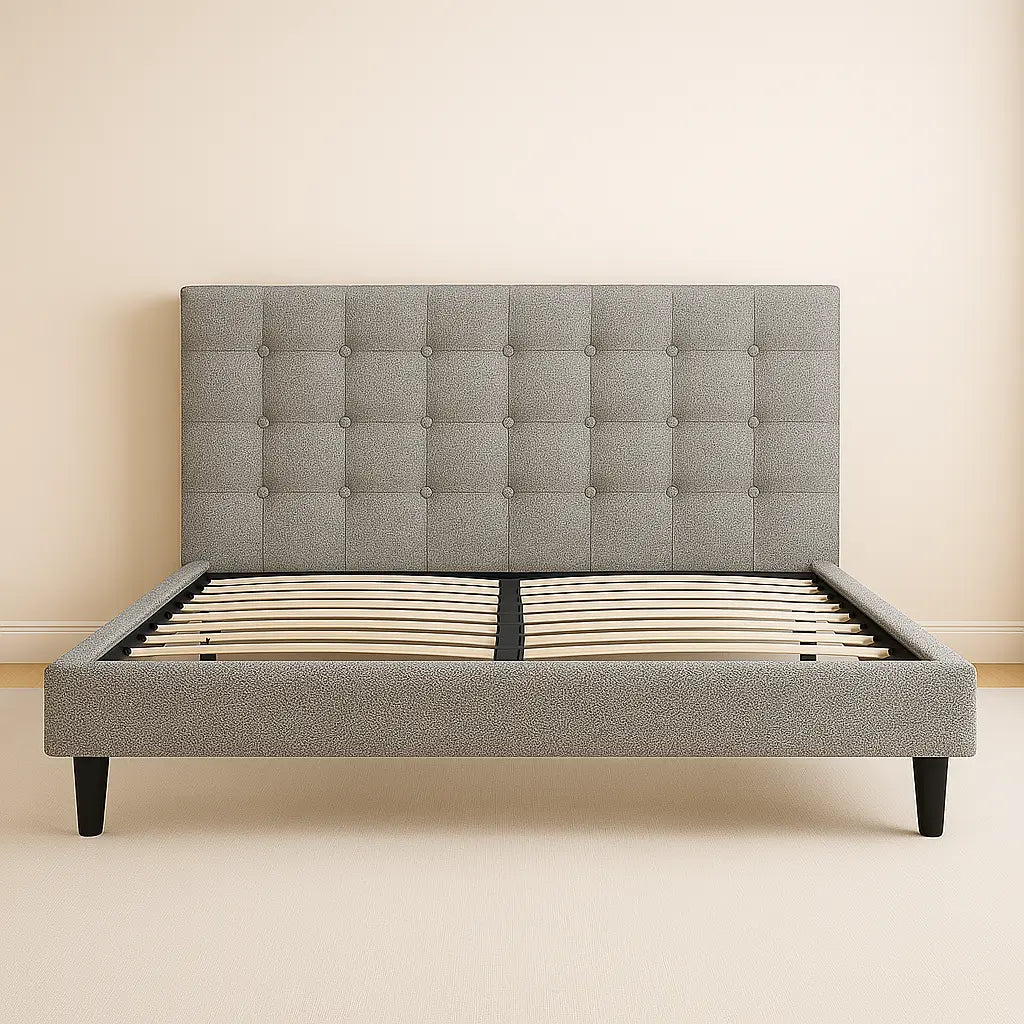 Base de Cama con Cabecera elegante y moderna, tapizada en lino de poliéster gris, ideal para cualquier dormitorio.