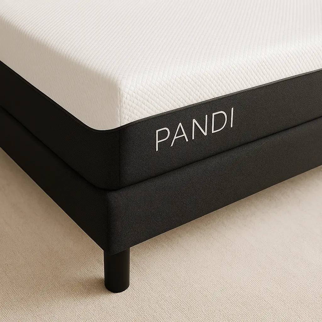 Close-up de la Base de Cama Tapizada de PANDI con colchón, mostrando la calidad de los materiales y el logo PANDI.