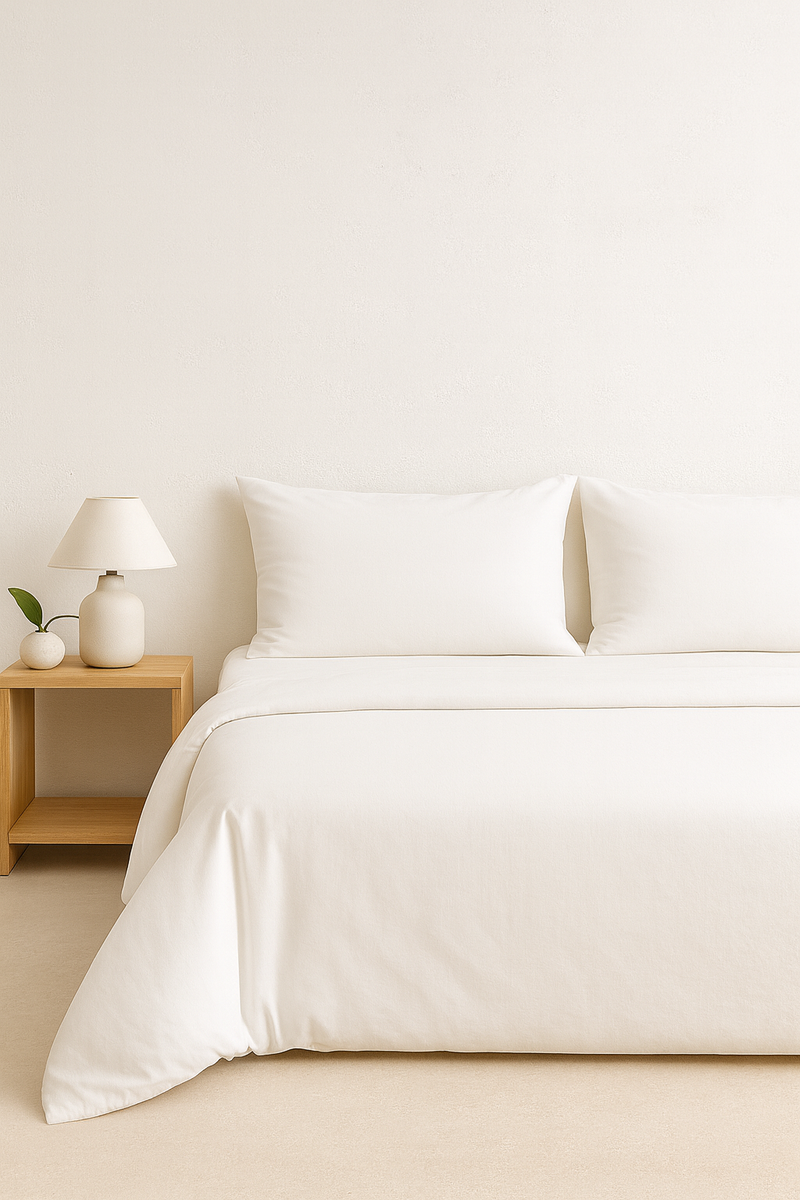 Close-up del Set de Sábanas 60% Bambú - Blanco de PANDI, mostrando la textura suave y ecológica del material.