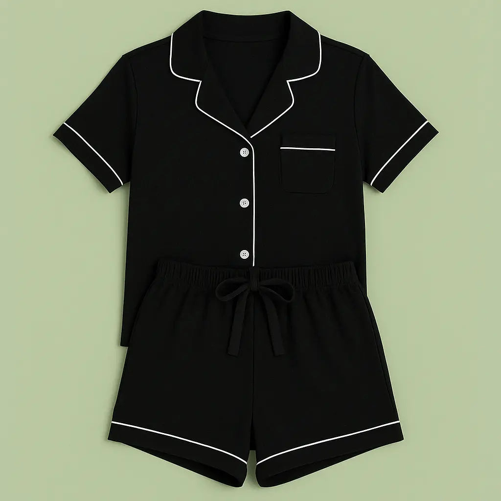 Pijama corto negro de PANDI, confeccionado en tejido de bambú natural, con diseño elegante y detalles en contraste, ideal para noches cálidas y confort excepcional.