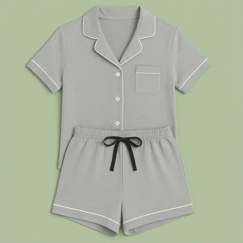 Conjunto de pijama corta gris de PANDI, incluyendo una camiseta con botones y pantalones cortos decorados con vivos blancos. Comodidad y estilo para tus noches de descanso.