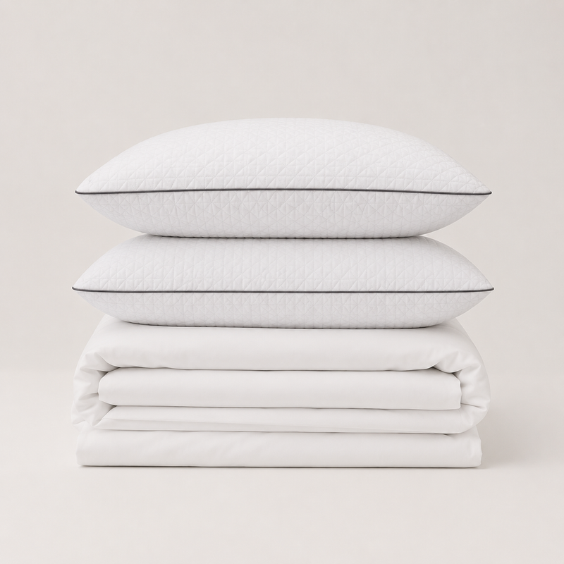 Pack Sueño Completo PANDI: 2 almohadas ortopédicas de bambú y juego de sábanas 60%