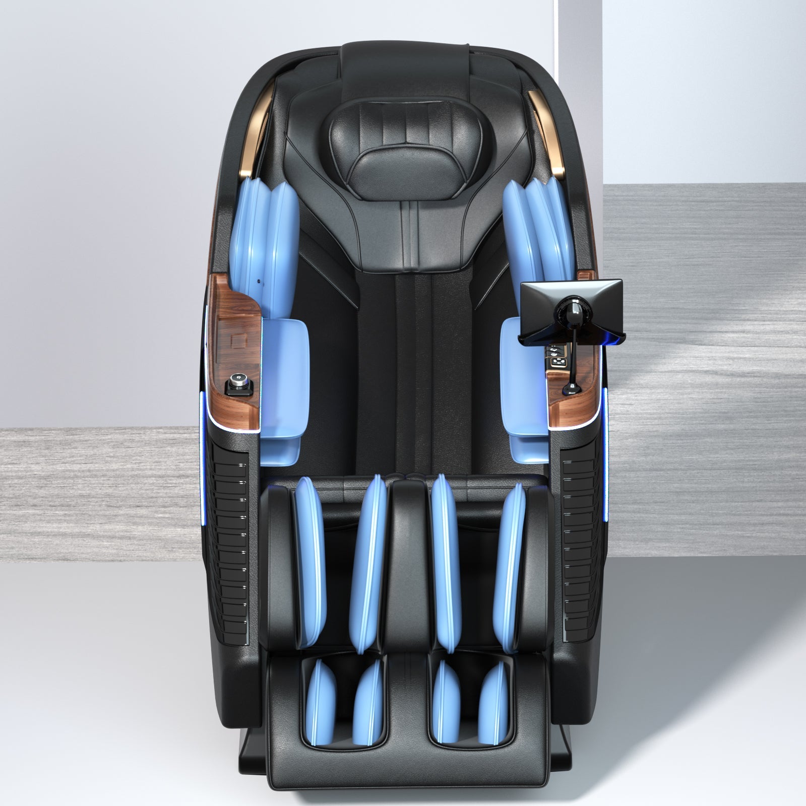 Mando a distancia del Relaxio Premium 3D – Sillón de Masaje Inteligente 3D de PANDI, destacando su interfaz intuitiva y control de voz.