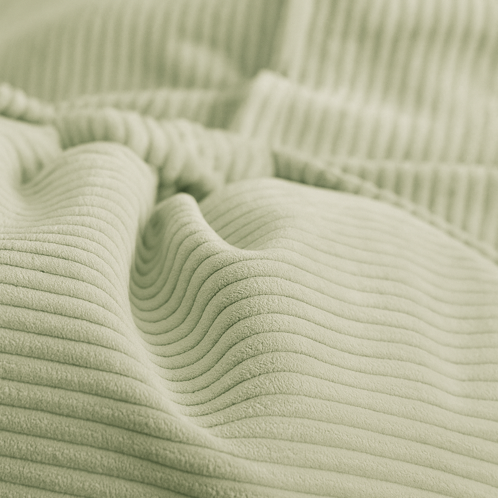 Detalle del tejido corduroy del NUBEPUFF 4 en 1 en verde, resaltando su calidad premium y la adaptabilidad a cualquier ambiente del hogar.