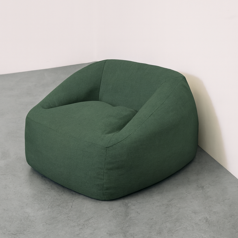 Vista lateral del NubePuff Viscoelástico - Verde de PANDI, destacando su comodidad inigualable y su versatilidad para cualquier ambiente.