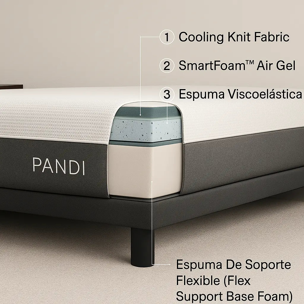 Detalle del Colchón Ortopédico Clásico de PANDI, destacando su tecnología de espuma, incluyendo la capa de Gel SmartFoam™ y tejido de punto para una mejor ventilación.