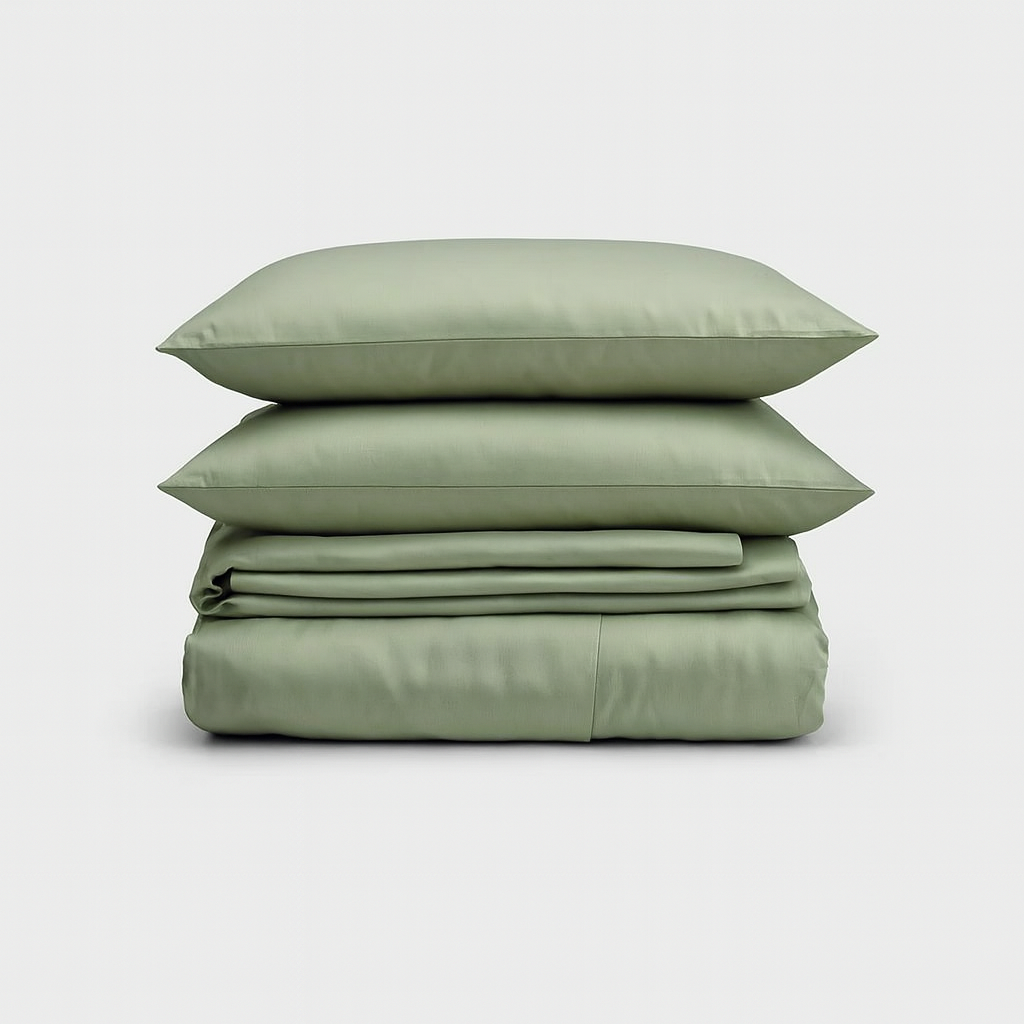 Set de sábanas 100% bambú de PANDI en verde, suave y ecológico, ideal para un descanso saludable y elegante.
