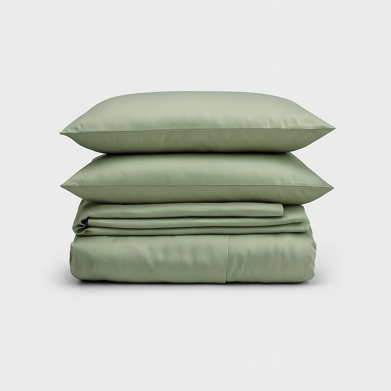 Set de sábanas 100% bambú de PANDI en verde, suave y ecológico, ideal para un descanso saludable y elegante.