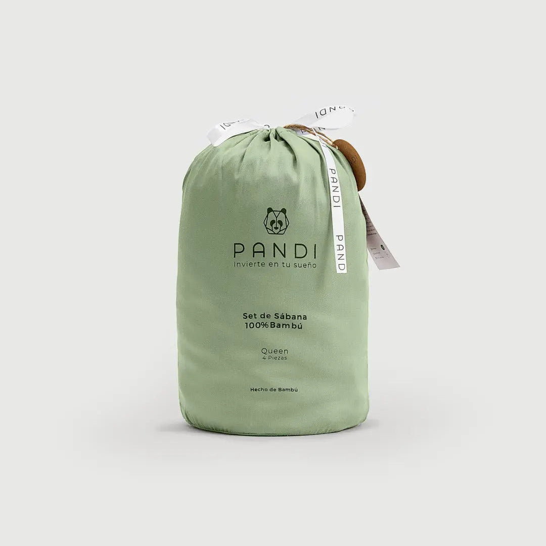 Embalaje del Set de Sábanas 100% Bambú de PANDI en color verde, presentado en una bolsa elegante, perfecto para regalar o almacenar.