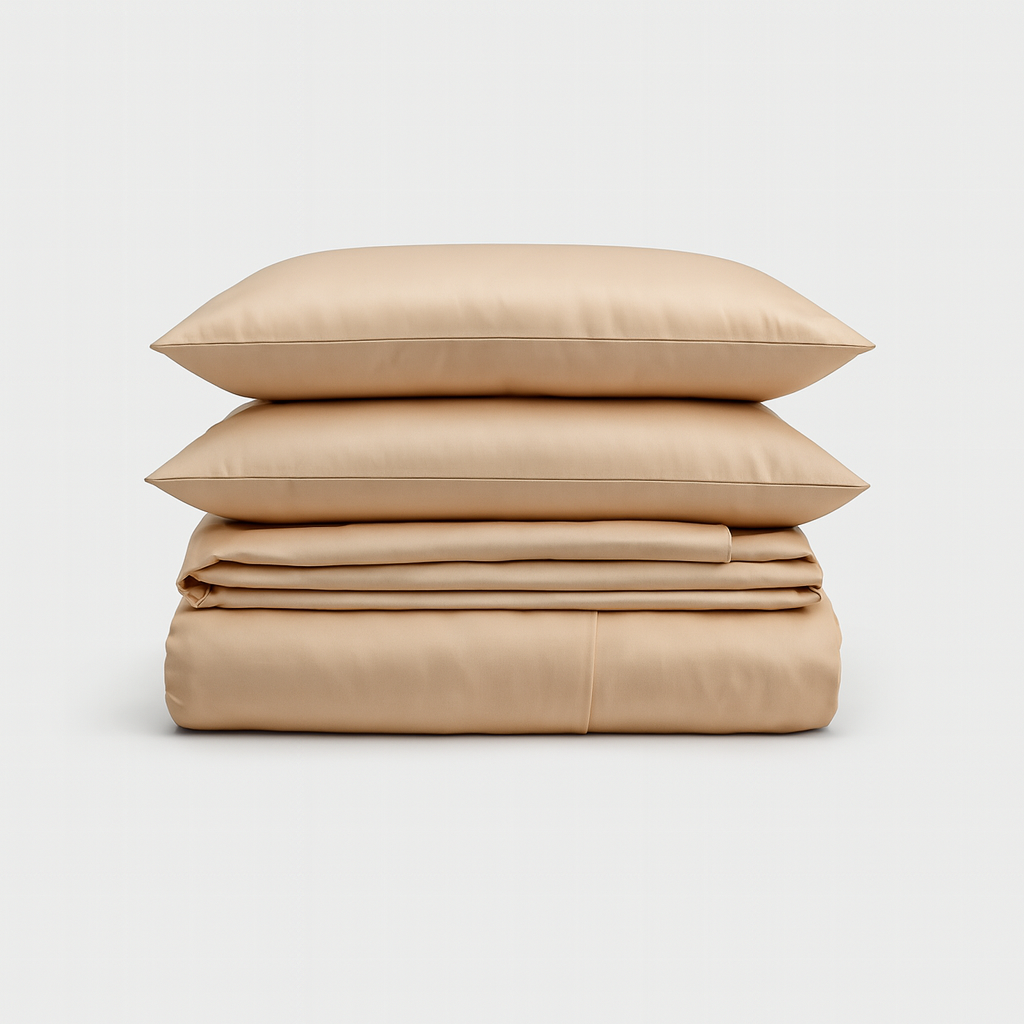 Set de sábanas 100% bambú en color beige de PANDI, ofreciendo lujo y comodidad para un descanso renovador.
