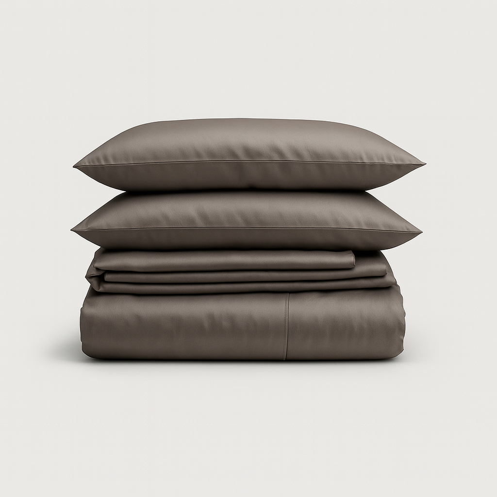Set de sábanas 100% bambú gris oscuro de PANDI, ideal para un descanso suave y fresco, resaltando su diseño elegante y propiedades hipoalergénicas.