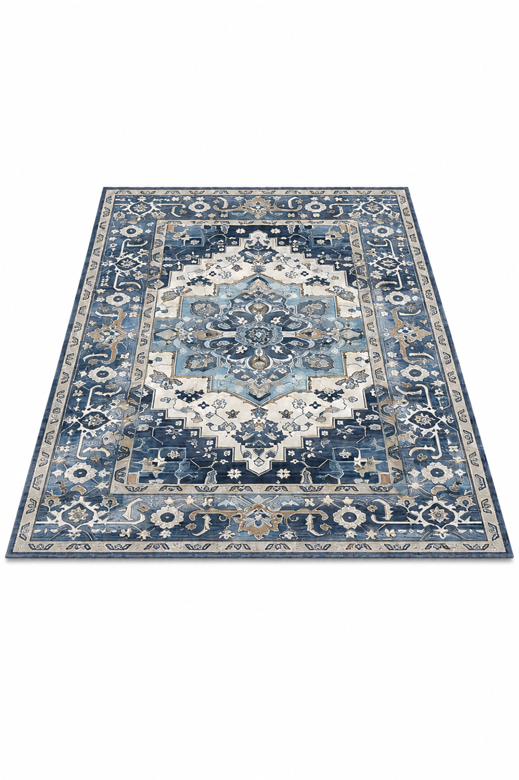 Alfombra vintage lavable azul índigo PANDI vista completa, con medallón central y cenefa marfil sobre fondo claro
