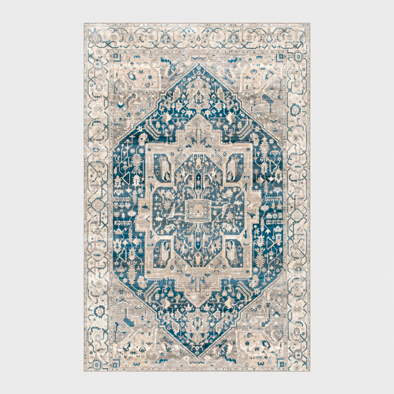 Alfombra vintage lavable azul marfil PANDI vista completa desde arriba, con medallón azul central