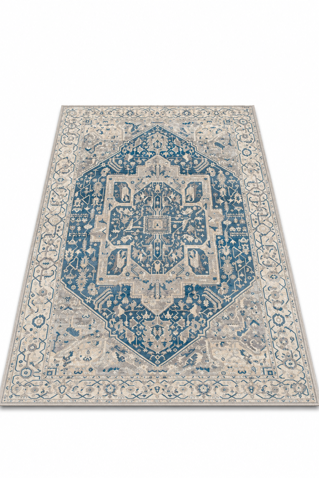 Alfombra azul marfil en ángulo sobre piso claro, con borde marfil y patrón persa desgastado