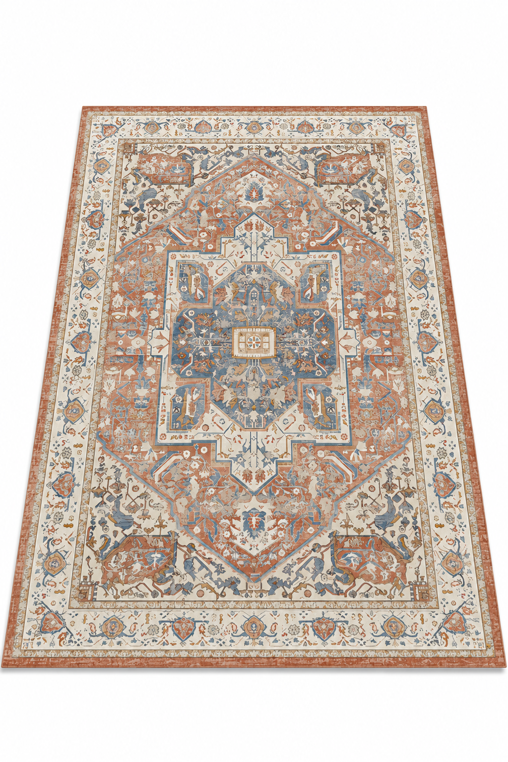 Alfombra vintage lavable terracota rosa vista completa, con medallón azul y borde marfil