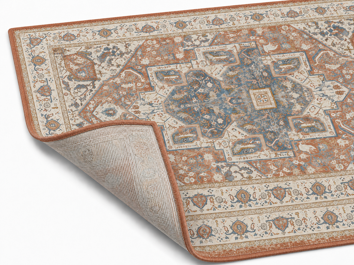 Esquina volteada de la alfombra terracota rosa que muestra el reverso tejido y el ribete