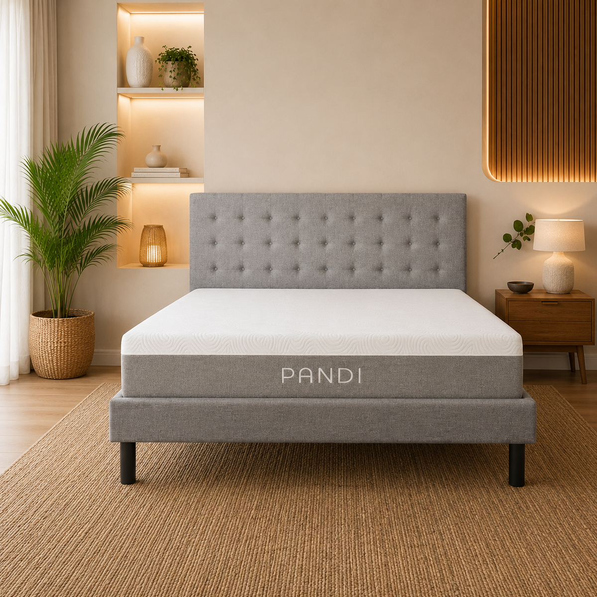 Detalle del tapizado gris y la estructura resistente de la base de cama con cabecera PANDI