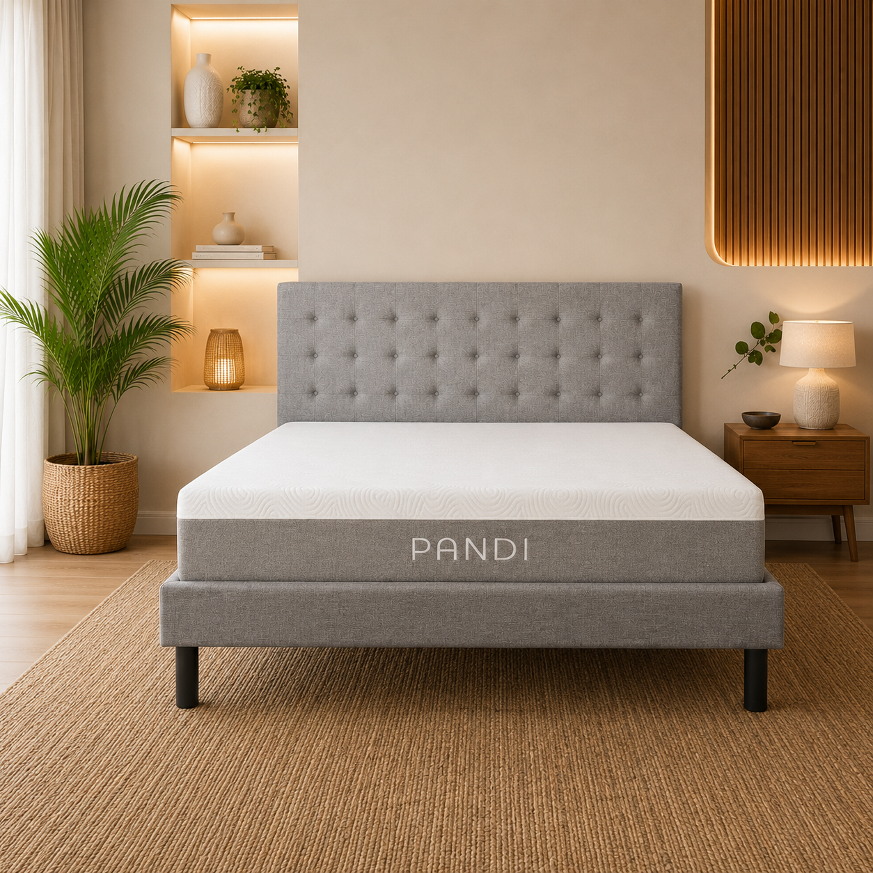 Detalle del tapizado gris y la estructura resistente de la base de cama con cabecera PANDI