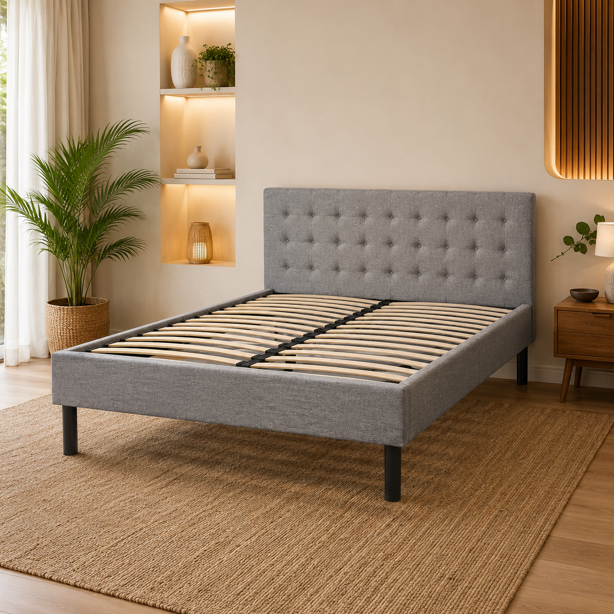 Base de cama con cabecera gris de PANDI — estructura tapizada premium para dormitorio en Costa Rica