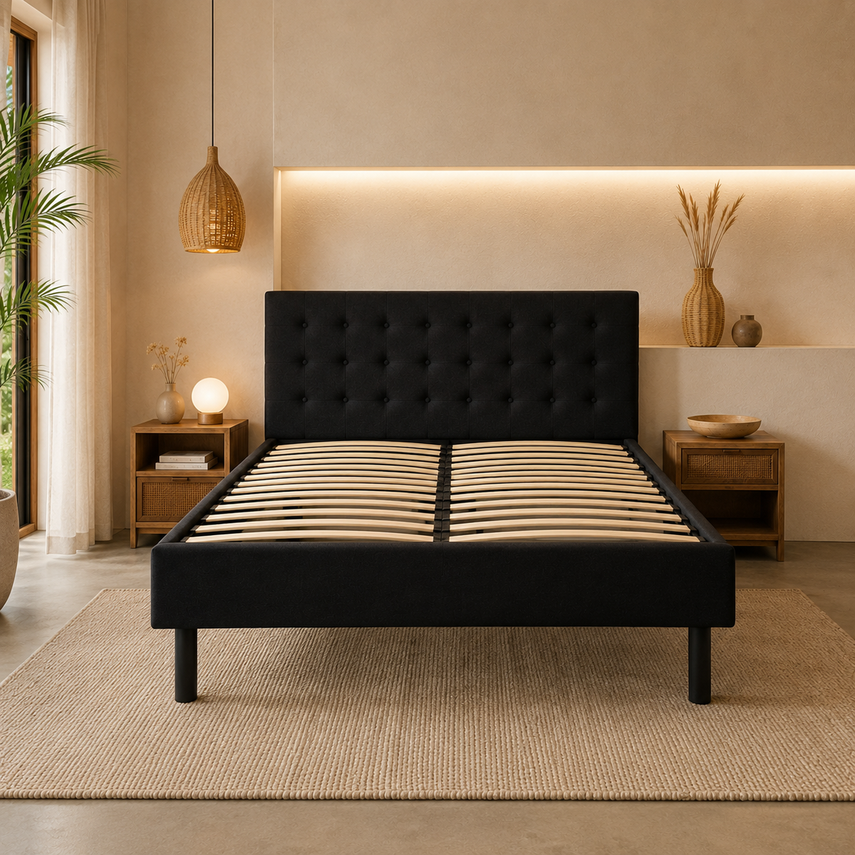 Base de cama con cabecera negra de PANDI, vista lateral de la cabecera acolchada y el tapizado