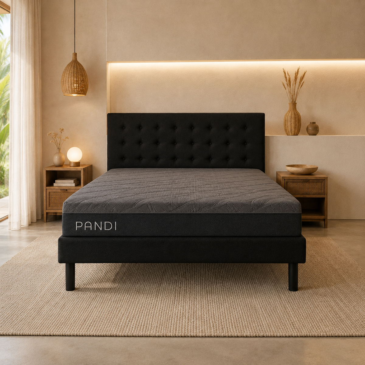 Detalle del tapizado negro y la estructura resistente de la base de cama con cabecera PANDI