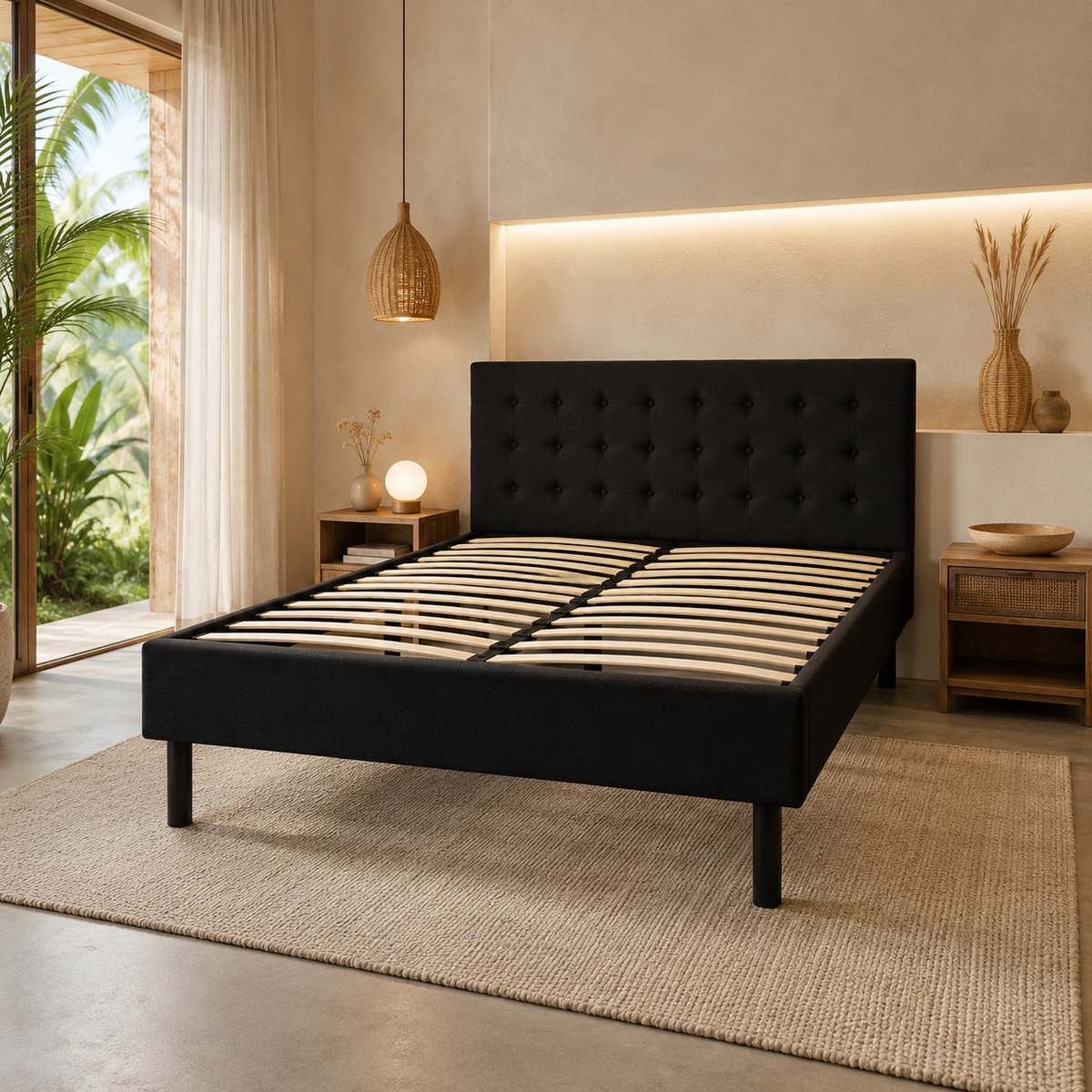 Base de cama con cabecera negra de PANDI — estructura tapizada premium para dormitorio en Costa Rica