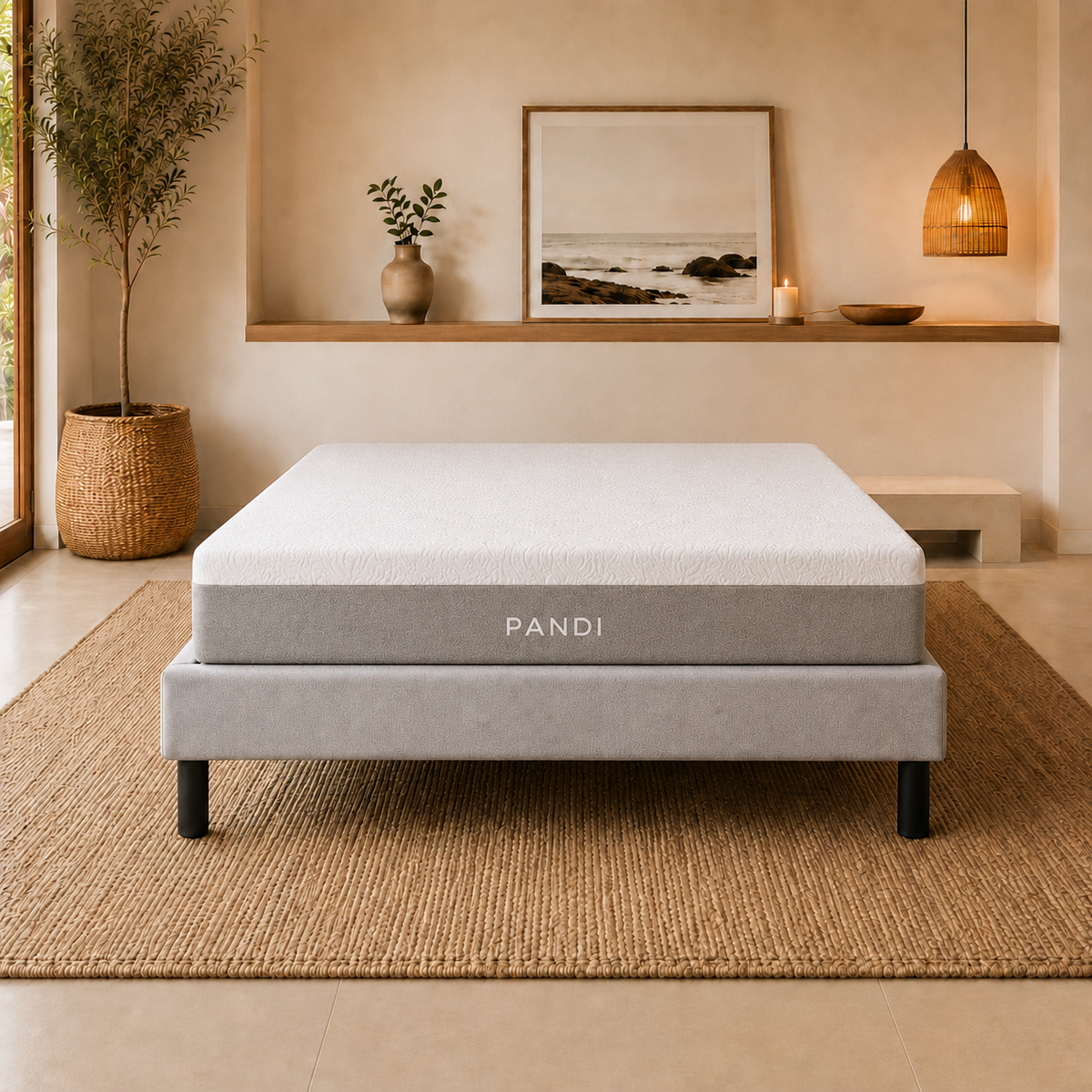 Detalle del tapizado gris y la estructura resistente de la base de cama PANDI