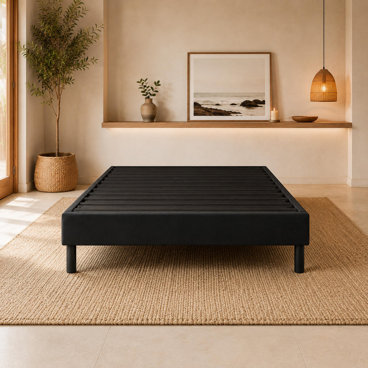 Detalle del tapizado negro y la estructura resistente de la base de cama PANDI