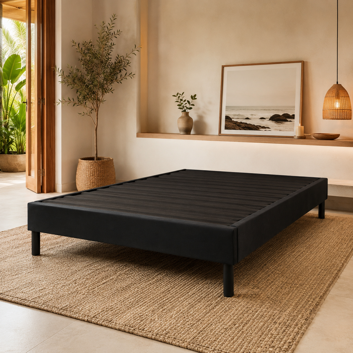 Base de cama negra de PANDI — estructura para colchón, tapizado premium, disponible en Costa Rica