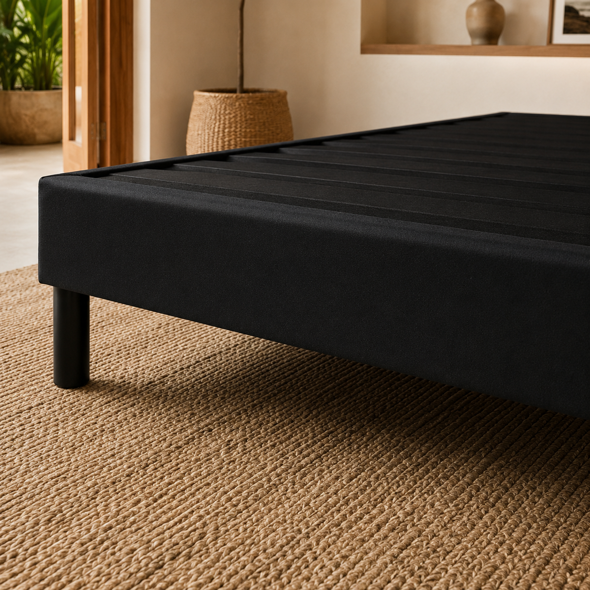 Base de cama negra de PANDI en ambiente de dormitorio, compatible con cualquier colchón