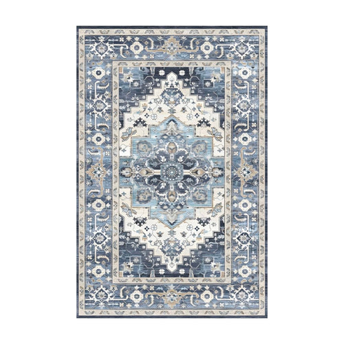 Alfombra vintage lavable Azul Índigo PANDI, vista completa superior sobre fondo blanco