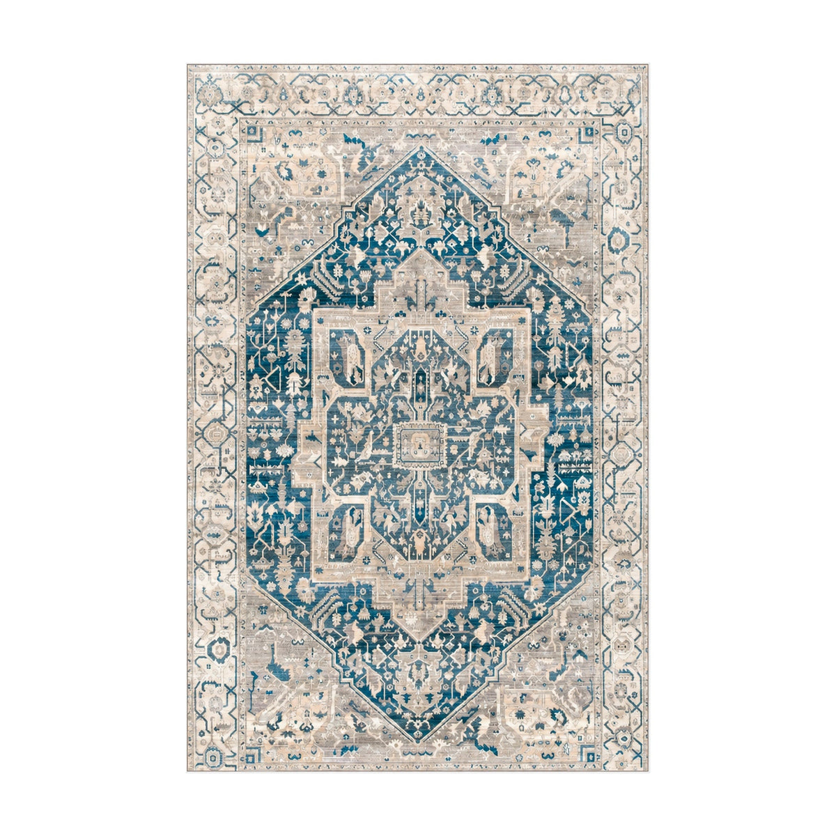 Alfombra vintage lavable Azul Marfil PANDI, vista completa superior sobre fondo blanco