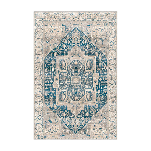 Alfombra vintage lavable Azul Marfil PANDI, vista completa superior sobre fondo blanco