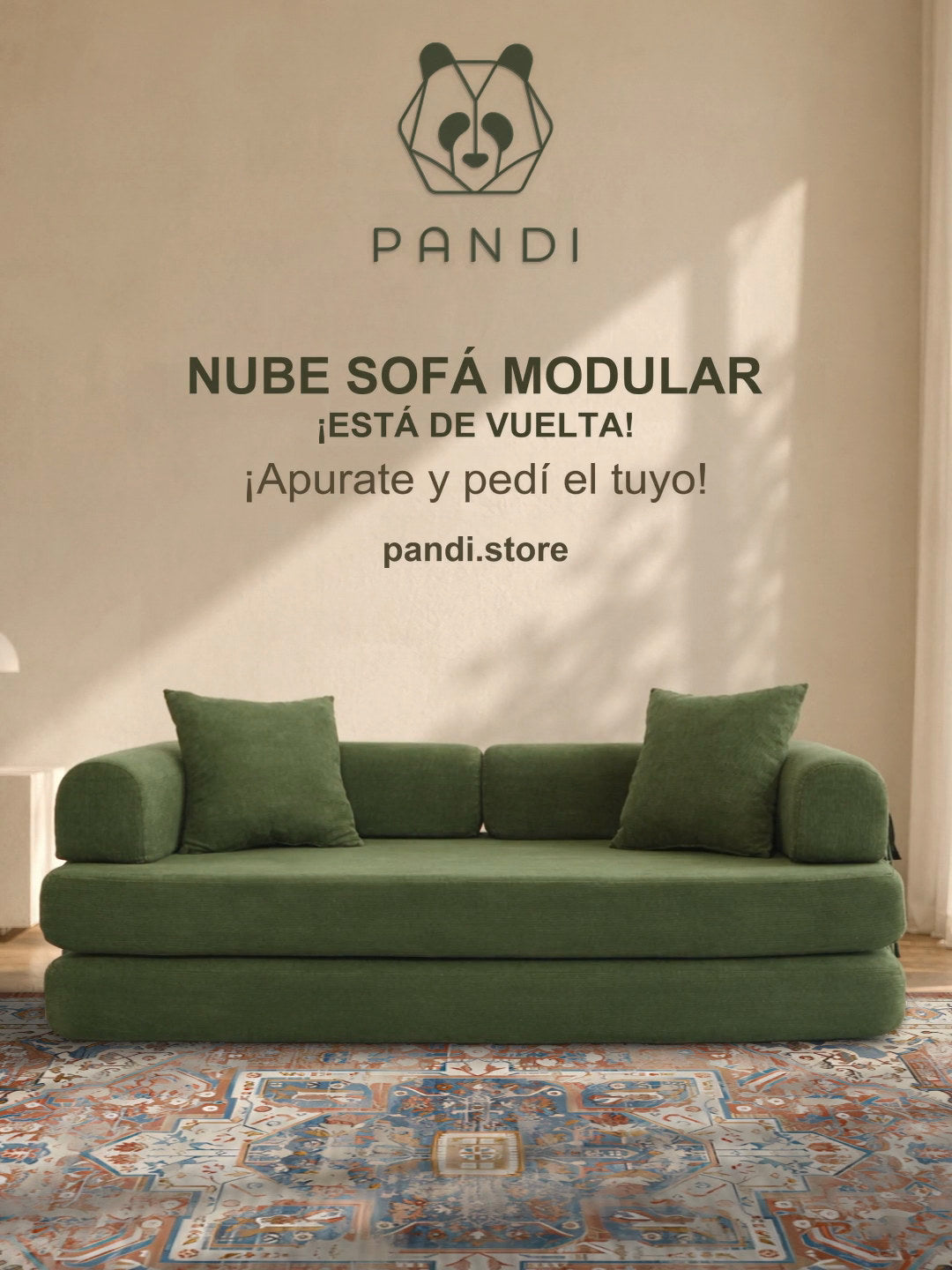 Nube Sofá Modular de PANDI en color verde: sofá cama con fundas lavables. Entrega en hasta 14 días.