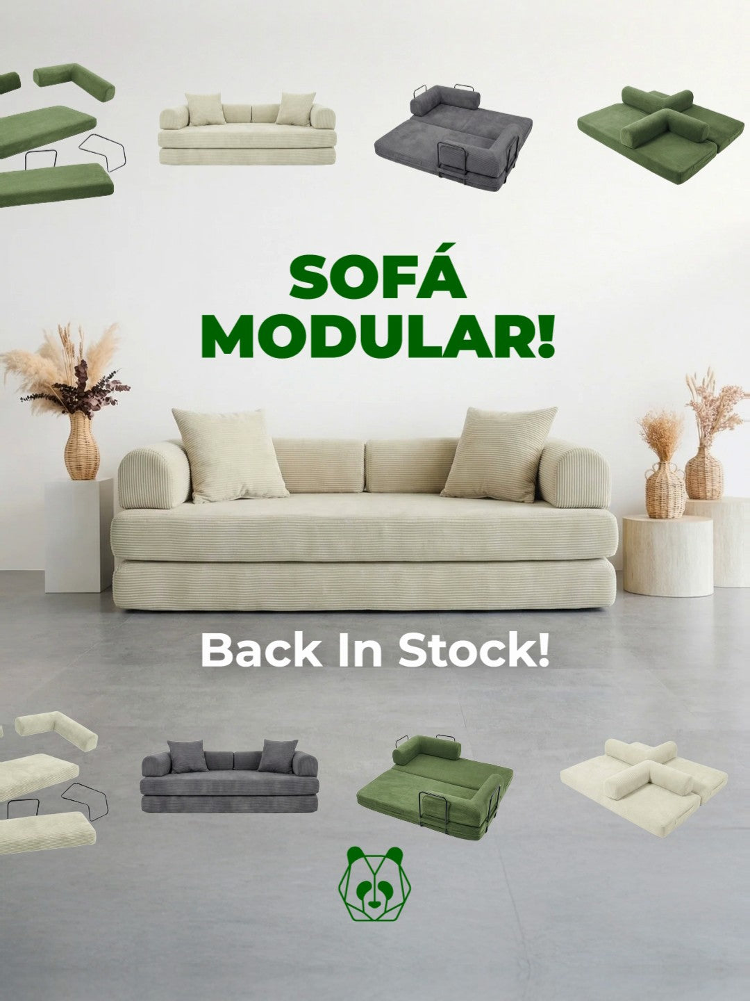 Nube Sofá Modular de PANDI en beige y sus configuraciones en beige, gris y verde. ¡Sofá Modular de vuelta en stock! Sofá cama con fundas lavables. Entrega en hasta 14 días.